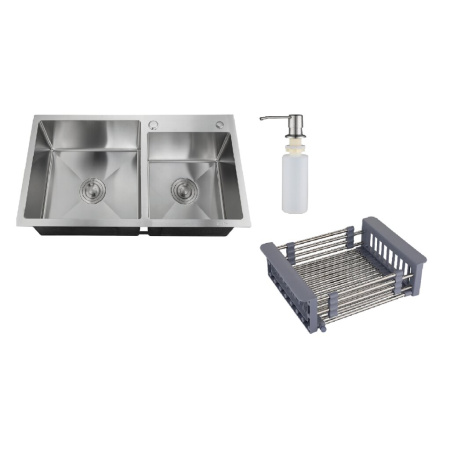 Мойка кухонная двойная РМС 780*430 (3 в 1) + корз. раздв. + дозатор врезной MR-7843
