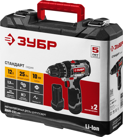 ДШЛ-121 дрель-шуруповерт, 2 АКБ, в кейсе, ЗУБР 