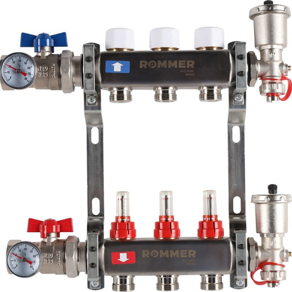 Коллектор из нержавеющей стали ROMMER   1"х3/4"х3 с расходомерами   